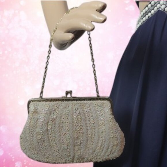 Elwgant Cream Sequined Clutch with Metal Frame Closure & Chain Handle - Picture 12 of 12